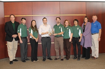 <p>The team from MSU placed third – pictured here with corporate sponsors<br />
(l to r) Mike Riba, Shell Oil Company; Michael Forbes, Northrop Grumman; MBA student Rachal Snider; MBA student Robert McElmurry; Stanley Griffis, associate professor of supply chain management; Judith Whipple, team adviser and associate professor of supply chain management; MBA student Kevin Xujin; Michelle Braun, General Motors Foundation; and Chuck Doyle, Ford Motor Company.</p>